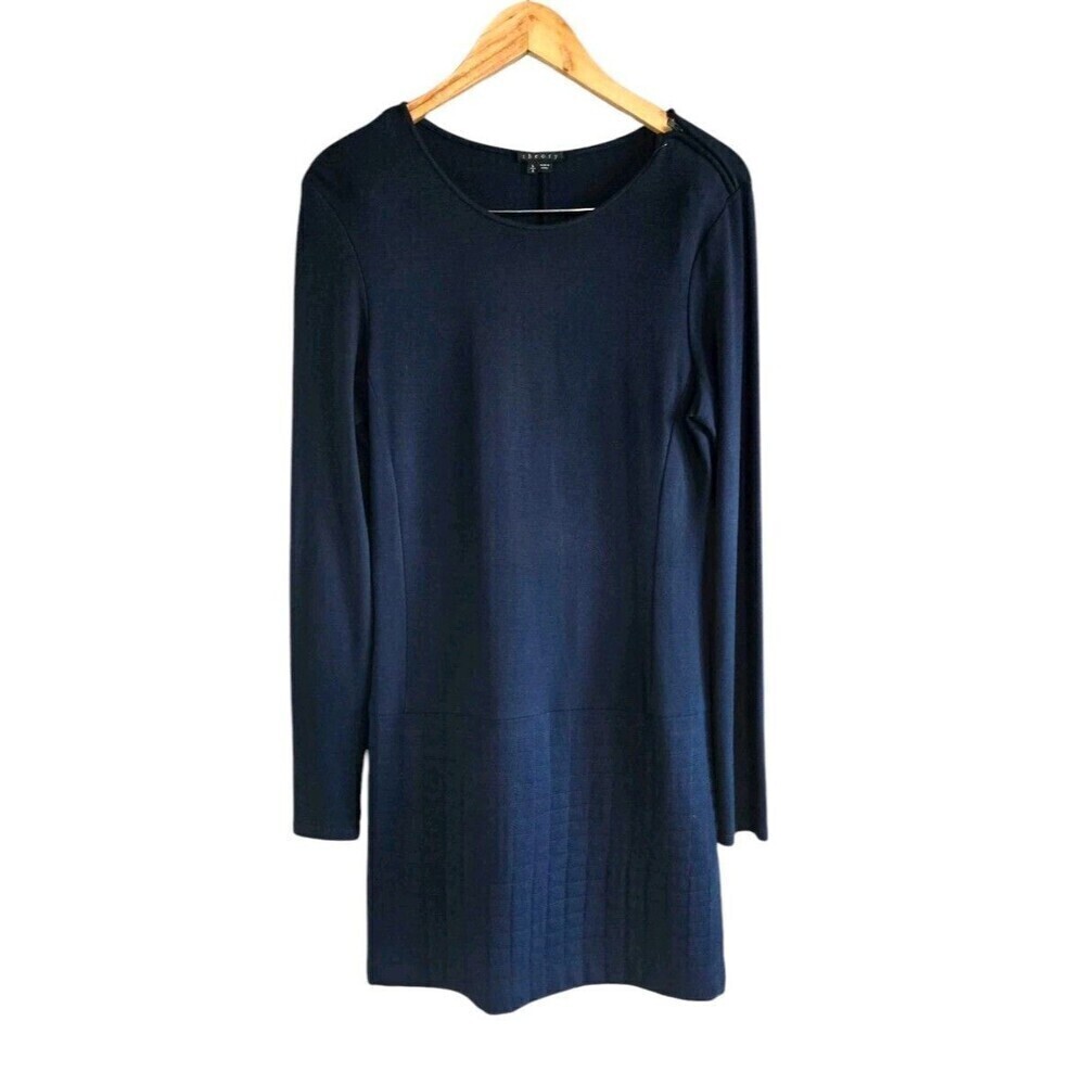 Theory Quilted Dress Women’s Large Navy Quiet Luxury Knee Length Shoulder Zip